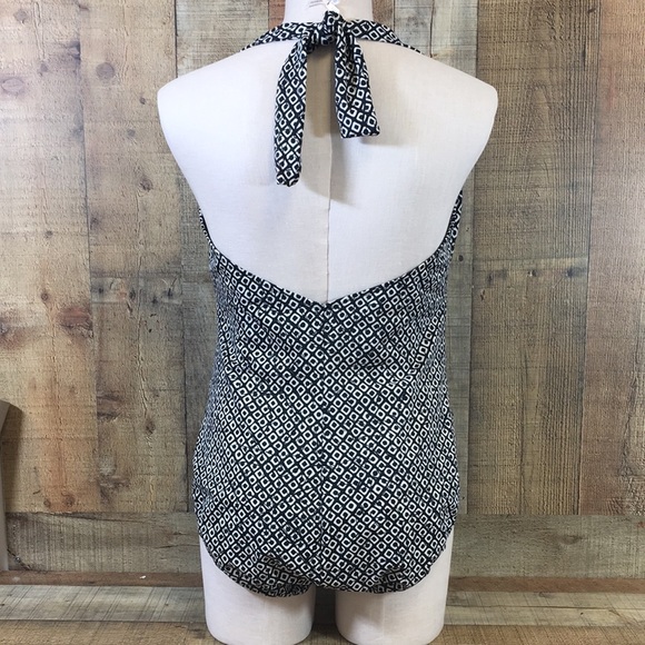 Lands End Black Monogram Print One Piece Swimsuit Womens 16 Underwire Halter - Picture 5 of 14